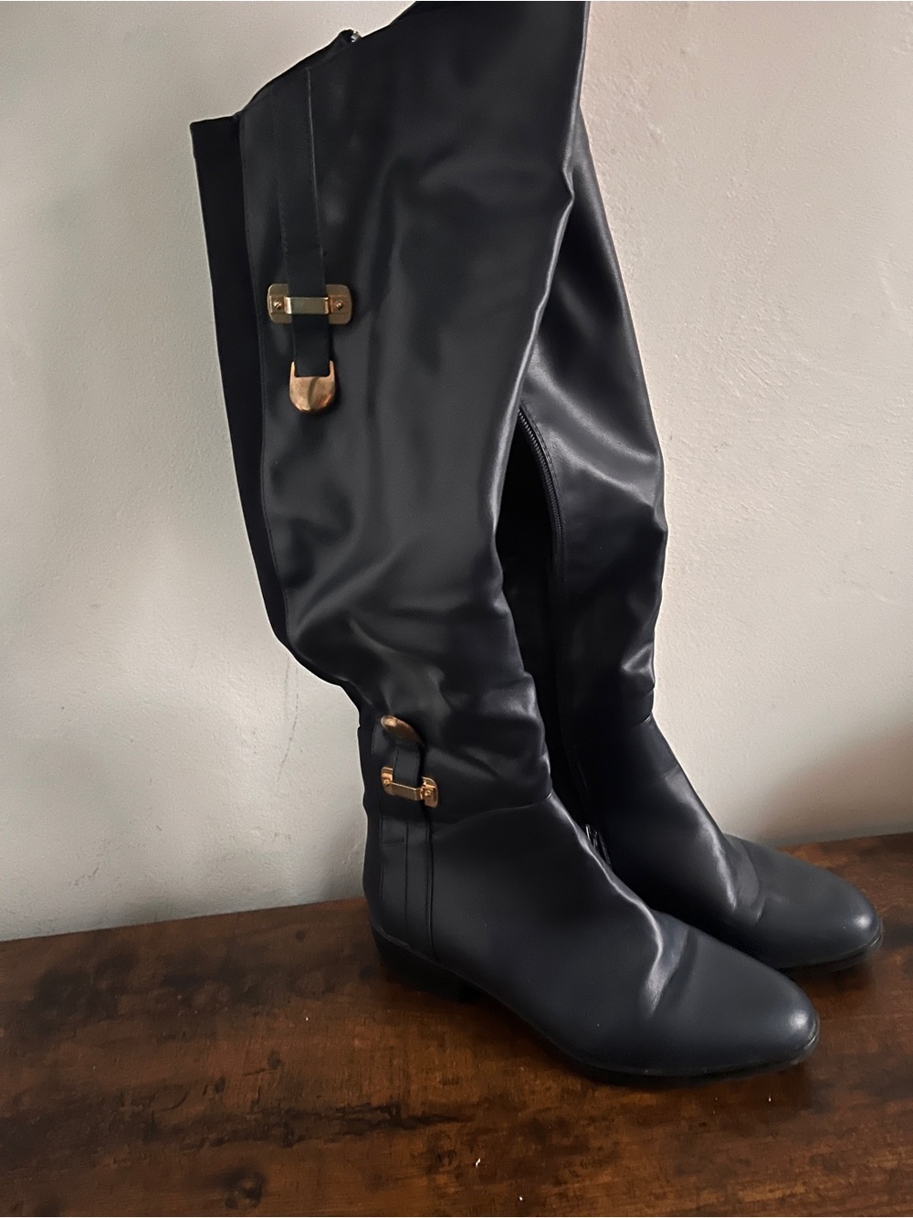 Navy Blue Women's Knee High Boots with Gold Buckles
